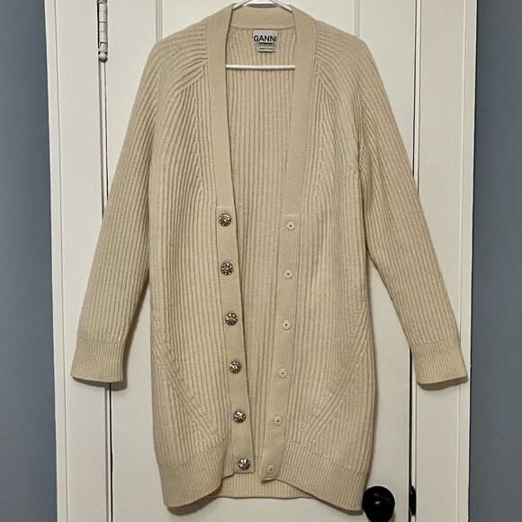 Ganni rib knit wool blend cardigan sweater in cream designer luxury neutral - Picture 5 of 13